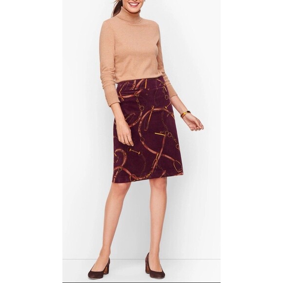 TALBOTS Brownish Burgundy Equestrian Print Corduroy A-Line Skirt Size 14 Cotton - Picture 1 of 9
